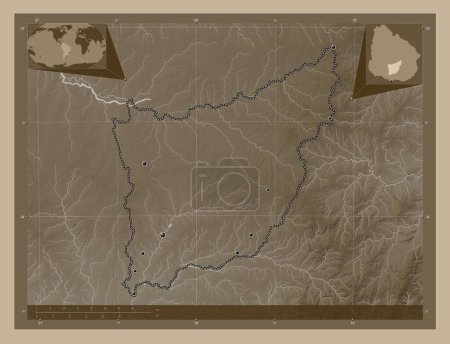 Photo for Florida, department of Uruguay. Elevation map colored in sepia tones with lakes and rivers. Locations of major cities of the region. Corner auxiliary location maps - Royalty Free Image