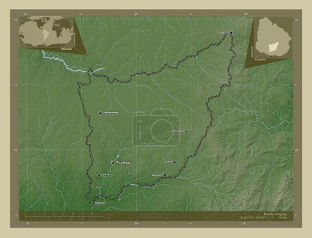Foto de Florida, departamento de Uruguay. Mapa de elevación coloreado en estilo wiki con lagos y ríos. Ubicaciones y nombres de las principales ciudades de la región. Mapas de ubicación auxiliares de esquina - Imagen libre de derechos
