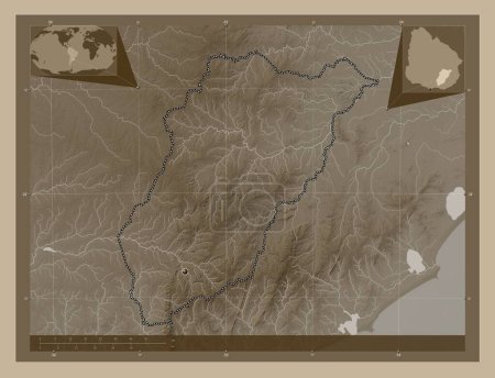 Téléchargez les photos : Lavalleja, département de l'Uruguay. Carte d'altitude colorée dans des tons sépia avec des lacs et des rivières. Corner cartes de localisation auxiliaires - en image libre de droit