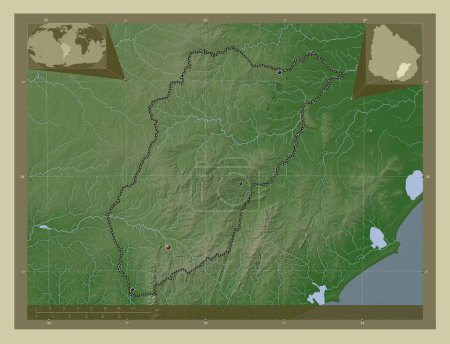 Foto de Lavalleja, departamento de Uruguay. Mapa de elevación coloreado en estilo wiki con lagos y ríos. Ubicaciones de las principales ciudades de la región. Mapas de ubicación auxiliares de esquina - Imagen libre de derechos