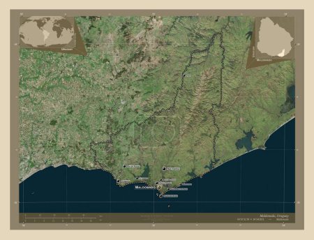 Foto de Maldonado, departamento de Uruguay. Mapa satelital de alta resolución. Ubicaciones y nombres de las principales ciudades de la región. Mapas de ubicación auxiliares de esquina - Imagen libre de derechos
