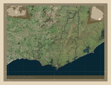 Foto de Maldonado, departamento de Uruguay. Mapa satelital de alta resolución. Ubicaciones de las principales ciudades de la región. Mapas de ubicación auxiliares de esquina - Imagen libre de derechos