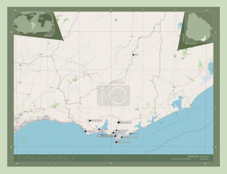 Foto de Maldonado, departamento de Uruguay. Open Street Map. Ubicaciones y nombres de las principales ciudades de la región. Mapas de ubicación auxiliares de esquina - Imagen libre de derechos
