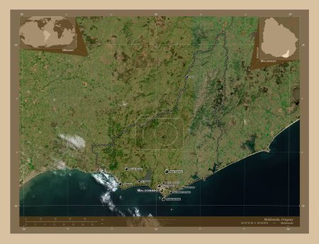 Foto de Maldonado, departamento de Uruguay. Mapa satelital de baja resolución. Ubicaciones y nombres de las principales ciudades de la región. Mapas de ubicación auxiliares de esquina - Imagen libre de derechos
