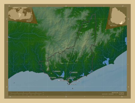 Foto de Maldonado, departamento de Uruguay. Mapa de elevación de colores con lagos y ríos. Ubicaciones y nombres de las principales ciudades de la región. Mapas de ubicación auxiliares de esquina - Imagen libre de derechos