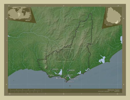 Foto de Maldonado, departamento de Uruguay. Mapa de elevación coloreado en estilo wiki con lagos y ríos. Ubicaciones y nombres de las principales ciudades de la región. Mapas de ubicación auxiliares de esquina - Imagen libre de derechos