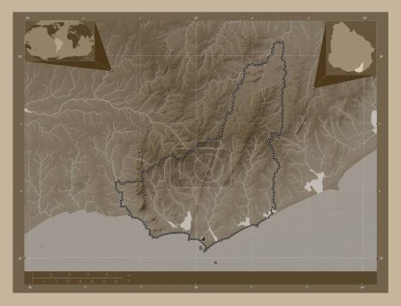 Téléchargez les photos : Maldonado, département de l'Uruguay. Carte d'altitude colorée dans des tons sépia avec des lacs et des rivières. Corner cartes de localisation auxiliaires - en image libre de droit