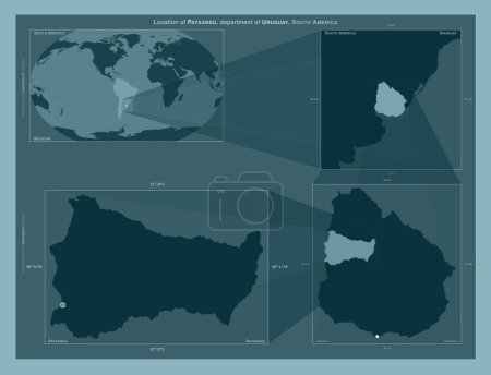 Foto de Paysandu, departamento de Uruguay. Diagrama que muestra la ubicación de la región en mapas a gran escala. Composición de marcos vectoriales y formas PNG sobre un fondo sólido - Imagen libre de derechos
