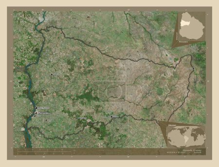 Foto de Paysandu, departamento de Uruguay. Mapa satelital de alta resolución. Ubicaciones y nombres de las principales ciudades de la región. Mapas de ubicación auxiliares de esquina - Imagen libre de derechos