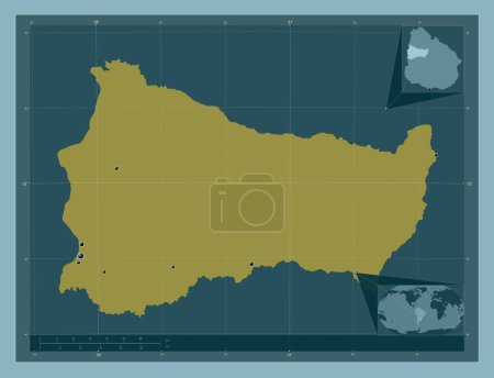 Foto de Paysandu, departamento de Uruguay. Forma de color sólido. Ubicaciones de las principales ciudades de la región. Mapas de ubicación auxiliares de esquina - Imagen libre de derechos