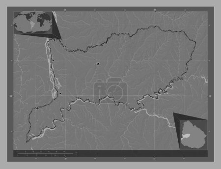 Foto de Río Negro, departamento de Uruguay. Mapa de elevación de Bilevel con lagos y ríos. Ubicaciones de las principales ciudades de la región. Mapas de ubicación auxiliares de esquina - Imagen libre de derechos
