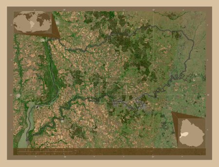Foto de Río Negro, departamento de Uruguay. Mapa satelital de baja resolución. Mapas de ubicación auxiliares de esquina - Imagen libre de derechos