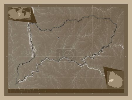 Foto de Río Negro, departamento de Uruguay. Mapa de elevación coloreado en tonos sepia con lagos y ríos. Ubicaciones de las principales ciudades de la región. Mapas de ubicación auxiliares de esquina - Imagen libre de derechos