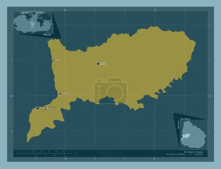 Foto de Río Negro, departamento de Uruguay. Forma de color sólido. Ubicaciones y nombres de las principales ciudades de la región. Mapas de ubicación auxiliares de esquina - Imagen libre de derechos
