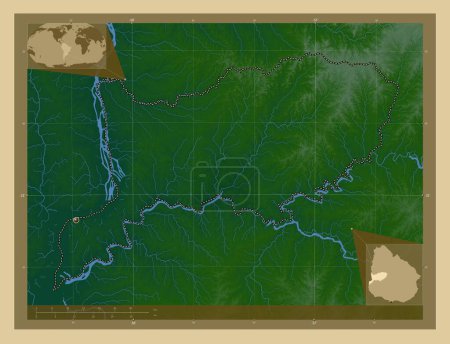 Téléchargez les photos : Rio-Negro, département de l'Uruguay. Carte d'altitude colorée avec lacs et rivières. Corner cartes de localisation auxiliaires - en image libre de droit