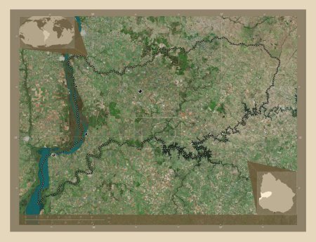 Foto de Río Negro, departamento de Uruguay. Mapa satelital de alta resolución. Ubicaciones de las principales ciudades de la región. Mapas de ubicación auxiliares de esquina - Imagen libre de derechos