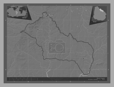 Foto de Rivera, departamento de Uruguay. Mapa de elevación de Bilevel con lagos y ríos. Ubicaciones y nombres de las principales ciudades de la región. Mapas de ubicación auxiliares de esquina - Imagen libre de derechos