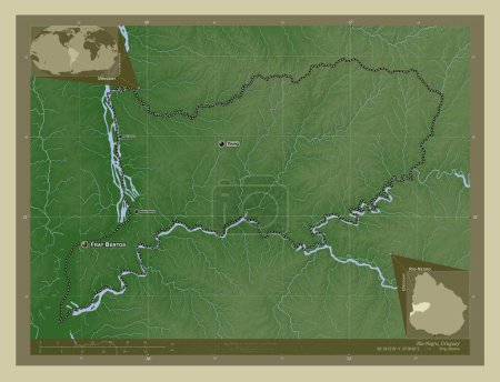 Téléchargez les photos : Rio-Negro, département de l'Uruguay. Carte d'altitude colorée dans le style wiki avec des lacs et des rivières. Emplacements et noms des grandes villes de la région. Corner cartes de localisation auxiliaires - en image libre de droit