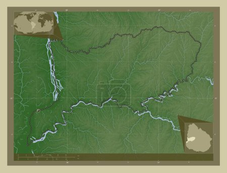 Foto de Río Negro, departamento de Uruguay. Mapa de elevación coloreado en estilo wiki con lagos y ríos. Mapas de ubicación auxiliares de esquina - Imagen libre de derechos