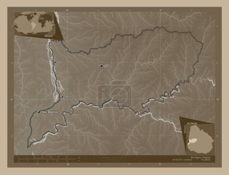 Foto de Río Negro, departamento de Uruguay. Mapa de elevación coloreado en tonos sepia con lagos y ríos. Ubicaciones y nombres de las principales ciudades de la región. Mapas de ubicación auxiliares de esquina - Imagen libre de derechos