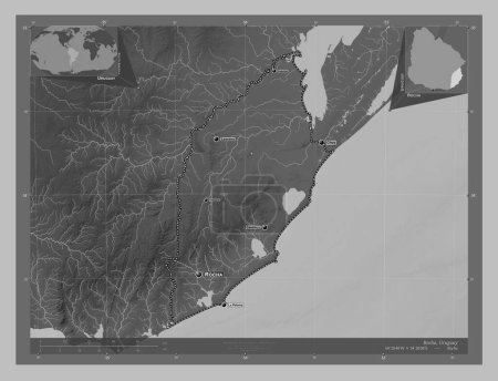 Photo for Rocha, department of Uruguay. Grayscale elevation map with lakes and rivers. Locations and names of major cities of the region. Corner auxiliary location maps - Royalty Free Image