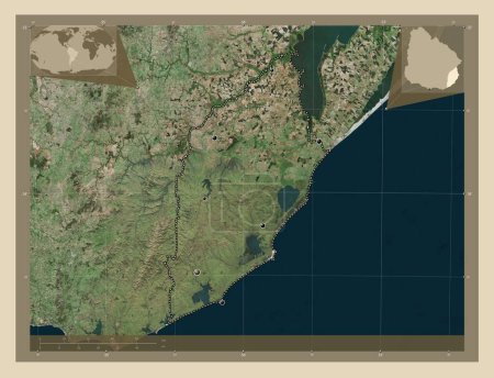 Téléchargez les photos : Rocha, département de l'Uruguay. Carte satellite haute résolution. Emplacements des grandes villes de la région. Corner cartes de localisation auxiliaires - en image libre de droit