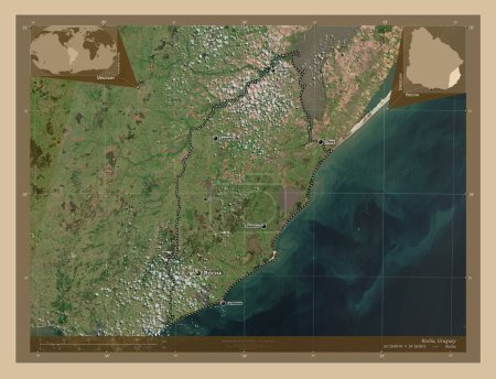 Téléchargez les photos : Rocha, département de l'Uruguay. Carte satellite basse résolution. Emplacements et noms des grandes villes de la région. Corner cartes de localisation auxiliaires - en image libre de droit