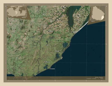 Téléchargez les photos : Rocha, département de l'Uruguay. Carte satellite haute résolution. Emplacements et noms des grandes villes de la région. Corner cartes de localisation auxiliaires - en image libre de droit