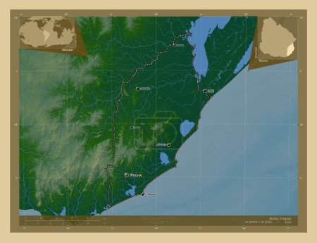 Téléchargez les photos : Rocha, département de l'Uruguay. Carte d'altitude colorée avec lacs et rivières. Emplacements et noms des grandes villes de la région. Corner cartes de localisation auxiliaires - en image libre de droit