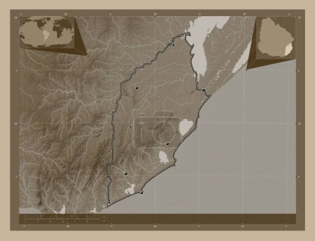 Téléchargez les photos : Rocha, département de l'Uruguay. Carte d'altitude colorée dans des tons sépia avec des lacs et des rivières. Emplacements des grandes villes de la région. Corner cartes de localisation auxiliaires - en image libre de droit