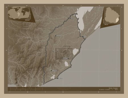 Téléchargez les photos : Rocha, département de l'Uruguay. Carte d'altitude colorée dans des tons sépia avec des lacs et des rivières. Emplacements et noms des grandes villes de la région. Corner cartes de localisation auxiliaires - en image libre de droit