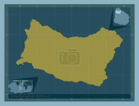 Foto de Salto, departamento de Uruguay. Forma de color sólido. Ubicaciones de las principales ciudades de la región. Mapas de ubicación auxiliares de esquina - Imagen libre de derechos