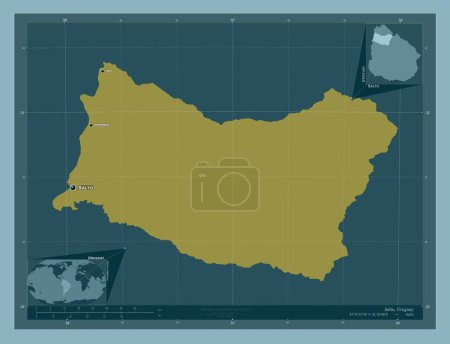 Foto de Salto, departamento de Uruguay. Forma de color sólido. Ubicaciones y nombres de las principales ciudades de la región. Mapas de ubicación auxiliares de esquina - Imagen libre de derechos