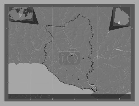 Foto de San José, departamento de Uruguay. Mapa de elevación de Bilevel con lagos y ríos. Ubicaciones de las principales ciudades de la región. Mapas de ubicación auxiliares de esquina - Imagen libre de derechos