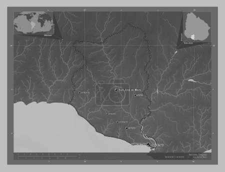 Foto de San José, departamento de Uruguay. Mapa de elevación a escala de grises con lagos y ríos. Ubicaciones y nombres de las principales ciudades de la región. Mapas de ubicación auxiliares de esquina - Imagen libre de derechos