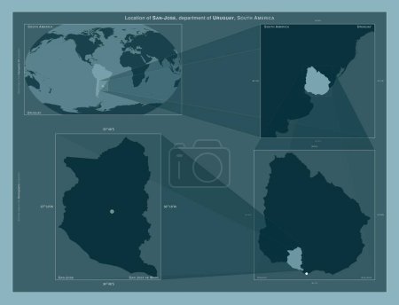 Foto de San José, departamento de Uruguay. Diagrama que muestra la ubicación de la región en mapas a gran escala. Composición de marcos vectoriales y formas PNG sobre un fondo sólido - Imagen libre de derechos