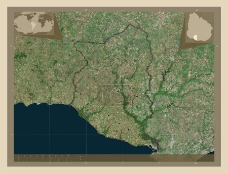 Foto de San José, departamento de Uruguay. Mapa satelital de alta resolución. Ubicaciones de las principales ciudades de la región. Mapas de ubicación auxiliares de esquina - Imagen libre de derechos