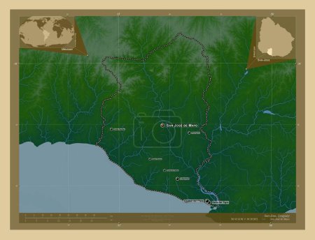 Foto de San José, departamento de Uruguay. Mapa de elevación de colores con lagos y ríos. Ubicaciones y nombres de las principales ciudades de la región. Mapas de ubicación auxiliares de esquina - Imagen libre de derechos
