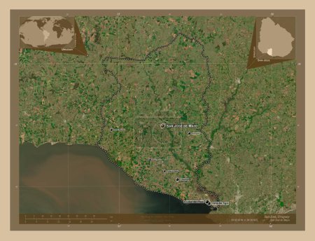 Foto de San José, departamento de Uruguay. Mapa satelital de baja resolución. Ubicaciones y nombres de las principales ciudades de la región. Mapas de ubicación auxiliares de esquina - Imagen libre de derechos