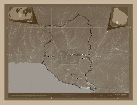 Foto de San José, departamento de Uruguay. Mapa de elevación coloreado en tonos sepia con lagos y ríos. Ubicaciones y nombres de las principales ciudades de la región. Mapas de ubicación auxiliares de esquina - Imagen libre de derechos