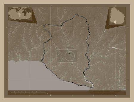 Foto de San José, departamento de Uruguay. Mapa de elevación coloreado en tonos sepia con lagos y ríos. Mapas de ubicación auxiliares de esquina - Imagen libre de derechos