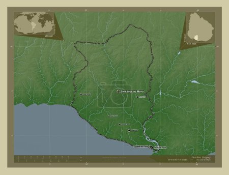 Foto de San José, departamento de Uruguay. Mapa de elevación coloreado en estilo wiki con lagos y ríos. Ubicaciones y nombres de las principales ciudades de la región. Mapas de ubicación auxiliares de esquina - Imagen libre de derechos