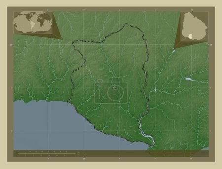 Foto de San José, departamento de Uruguay. Mapa de elevación coloreado en estilo wiki con lagos y ríos. Mapas de ubicación auxiliares de esquina - Imagen libre de derechos
