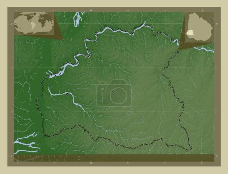 Foto de Soriano, departamento de Uruguay. Mapa de elevación coloreado en estilo wiki con lagos y ríos. Ubicaciones de las principales ciudades de la región. Mapas de ubicación auxiliares de esquina - Imagen libre de derechos