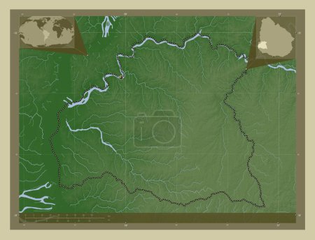 Téléchargez les photos : Soriano, département de l'Uruguay. Carte d'altitude colorée dans le style wiki avec des lacs et des rivières. Corner cartes de localisation auxiliaires - en image libre de droit