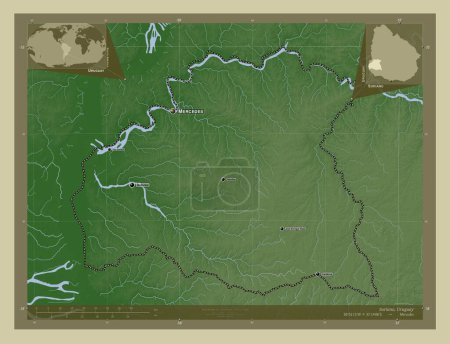Foto de Soriano, departamento de Uruguay. Mapa de elevación coloreado en estilo wiki con lagos y ríos. Ubicaciones y nombres de las principales ciudades de la región. Mapas de ubicación auxiliares de esquina - Imagen libre de derechos