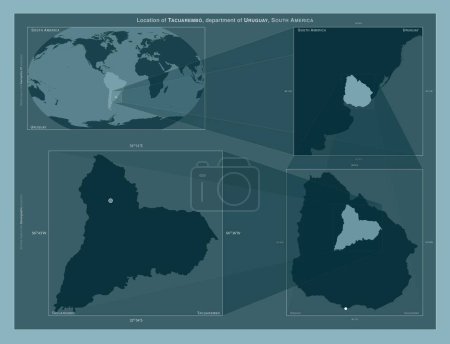 Téléchargez les photos : Tacuarembo, département de l'Uruguay. Diagramme montrant l'emplacement de la région sur des cartes à plus grande échelle. Composition des cadres vectoriels et des formes PNG sur un fond solide - en image libre de droit