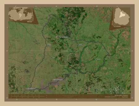 Foto de Tacuarembo, departamento de Uruguay. Mapa satelital de baja resolución. Ubicaciones y nombres de las principales ciudades de la región. Mapas de ubicación auxiliares de esquina - Imagen libre de derechos