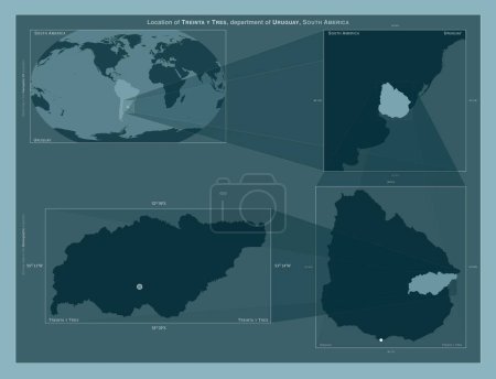Foto de Treinta y Tres, departamento de Uruguay. Diagrama que muestra la ubicación de la región en mapas a gran escala. Composición de marcos vectoriales y formas PNG sobre un fondo sólido - Imagen libre de derechos