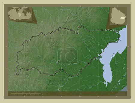 Foto de Treinta y Tres, departamento de Uruguay. Mapa de elevación coloreado en estilo wiki con lagos y ríos. Ubicaciones de las principales ciudades de la región. Mapas de ubicación auxiliares de esquina - Imagen libre de derechos
